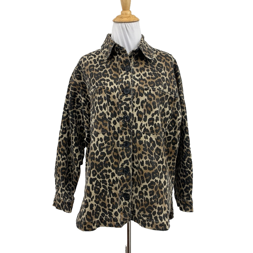 Bohme Jacket Womens XS Extra Small Bensen Denim Stretch Leopard Motif Button Up